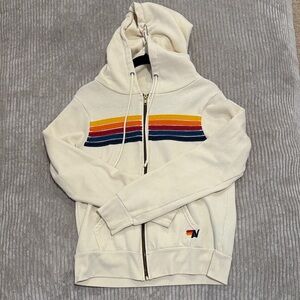 Aviator Nation Cream Hoodie with Multicolor Stripes